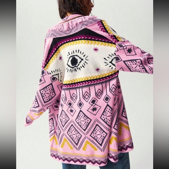 Luxe Boho Abstract Aztec Print Fringe Open Front Knit Sweater Cardigan Pink - Picture 4 of 6